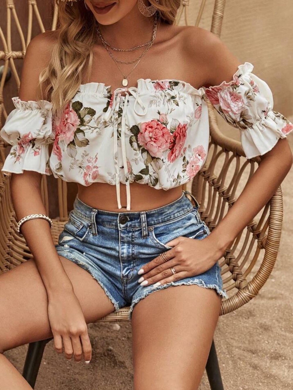 Floral Print Off Shoulder Flounce Sleeve Knot Front Crop Blouse